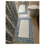 BATH MATS (2), WHITE W/ BLUE GREEK KEY BORDER.