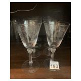 ETCHED GLASS STEMWARE, PALM FROND MOTIF, FACETED