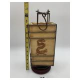 METAL AND FABRIC HANGING LANTERN, DRAGON MOTIF,