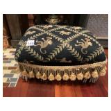 TAPESTRY FOOTSTOOL, MONKEY MOTIF, FRINGE TRIM,