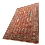 HAND-KNOTTED WOOL AREA RUG, RED FIELD W/