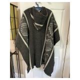 WOOL BLEND HOODED PONCHO, SOUTHWESTERN PATTERN,