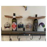 WINE RACK W/ TWO WINE BOTTLES, FOUR HAND-PAINTED
