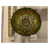 NORTHWOOD CARNIVAL GLASS BOWL, GREEN IRIDESCENT