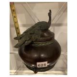 VINTAGE PEACOCK LIDDED JAR, DARK FINISH W/ GREEN