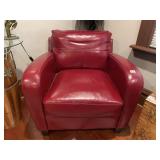 RED LEATHER ARMCHAIR, CLUB STYLE, TAPERED LEGS.