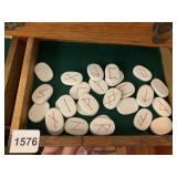 SET OF WHITE STONE RUNES W/ RED PAINTED SYMBOLS,