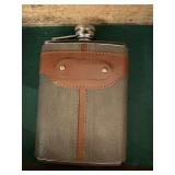 STAINLESS STEEL 6OZ FLASK, TWO-TONE LEATHER WRAP,