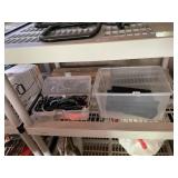 PLASTIC STORAGE BIN W/ ASSORTED BUNGEE CORDS,