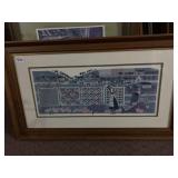 VTG FRAMED PRINT, DEPICTING WOMAN HANGING QUILTS