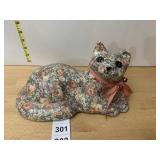 CERAMIC CAT FIGURINE, FLORAL PATTERN, PINK RIBBON