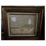 VANA LIGHTHOUSE SEASCAPE PAINTING, GOLD TONE