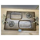WOOD SERVING TRAY W/ BRASS FISH HANDLES, MOSAIC