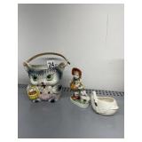 CERAMIC CAT BASKET, GIRL W/ LAMB FIGURINE,