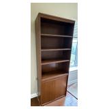 WOOD BOOKCASE, FIVE SHELVES, LOWER CABINET DOORS,