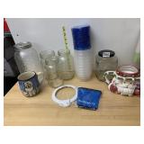 ASSORTED GLASS JARS, PLASTIC LIDS, CERAMIC SANTA