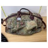 TAPESTRY FABRIC DUFFEL BAG W/ LEATHER TRIM AND