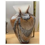 ART GLASS VASE, WHITE AND ORANGE SWIRL PATTERN,