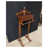 WOOD VALET STAND, HANGER TOP, DRAWER, BRASS