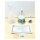 VTG PORCELAIN BELLS (2), CRYSTAL BELL (1), W/