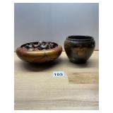WOODEN BOWL W/ POTPOURRI, BROWN GLAZED POTTERY