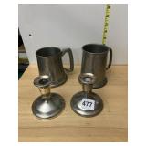 PEWTER TANKARDS (2), SILVER-TONE CANDLESTICKS