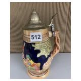 VTG CERAMIC STEIN, PEWTER LID, FIGURAL RELIEF