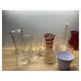 ASSORTED GLASS VASES, INCL CLEAR, RED, AND