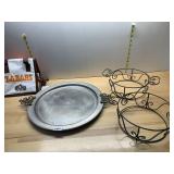 METAL SERVING TRAY W/ ORNATE BRASS HANDLES, TWO