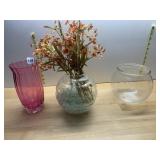 ASSORTED GLASS VASES (3), INCLUDES PINK FLUTED