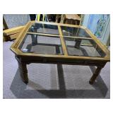 OAK COFFEE TABLE, SQUARE TOP, FOUR SMOKED GLASS