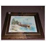 LUINI SEASCAPE PIER PAINTING, ROPE ACCENT WOOD