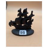 VTG CAST IRON GALLEON SHIP DOORSTOP, BLACK