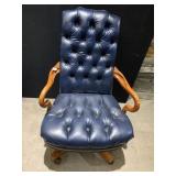 BLUE LEATHER TUFTED OFFICE CHAIR, WOOD FRAME,