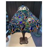 TABLE LAMP, PEACOCK FEATHER STAINED GLASS SHADE,