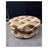 ROUND PATCHWORK OTTOMAN, MULTI-TONE BROWN FABRIC,