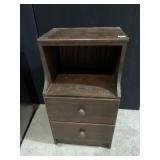 WOOD NIGHTSTAND, OPEN TOP SHELF, TWO DRAWERS,