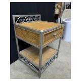 WROUGHT IRON AND WICKER SIDE TABLE W/ DRAWER.