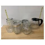ASSORTED GLASS JARS, CANISTERS, AND BLACK &