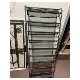 METAL FRAME SHOE RACK W/ MESH SHELVES.