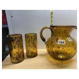 HAND-BLOWN AMBER ART GLASS PITCHER AND TUMBLERS