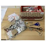 WICKER SEWING BASKET W/ CONTENTS, INCLUDES