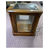 VTG WOOD END TABLE, GLASS TOP, GLASS DOOR,