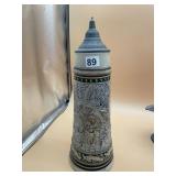GERMAN STONEWARE BEER STEIN, RELIEF MOLDED TAVERN