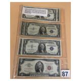 US SILVER CERTIFICATES (3) AND TWO DOLLAR BILL