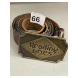 VTG LEATHER BELT W/ READING LINES BRASS BUCKLE.