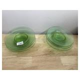 GREEN DEPRESSION GLASS PLATES (4), RUFFLED EDGES.