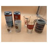 ASSORTED BEER GLASSWARE (5) AND CROWLER CANS (2),