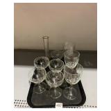 ETCHED CLEAR GLASS STEMWARE AND VASE, FLORAL