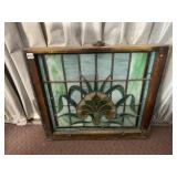 STAINED GLASS WINDOW, FLORAL MOTIF, GREEN AND